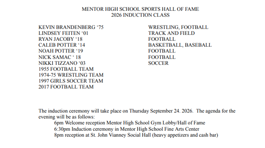 MENTOR HIGH SCHOOL SPORTS HALL OF FAME